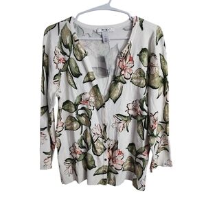 WHBM Notch Neck 3/4‎ Sleeve Floral Snap Front Preppy Career Office Cardigan L